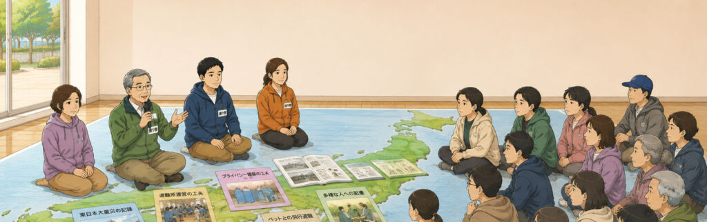 災害の教訓を聞いている
