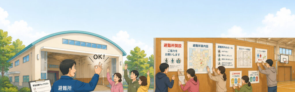 避難所の安全点検が終わり掲示物を貼っている