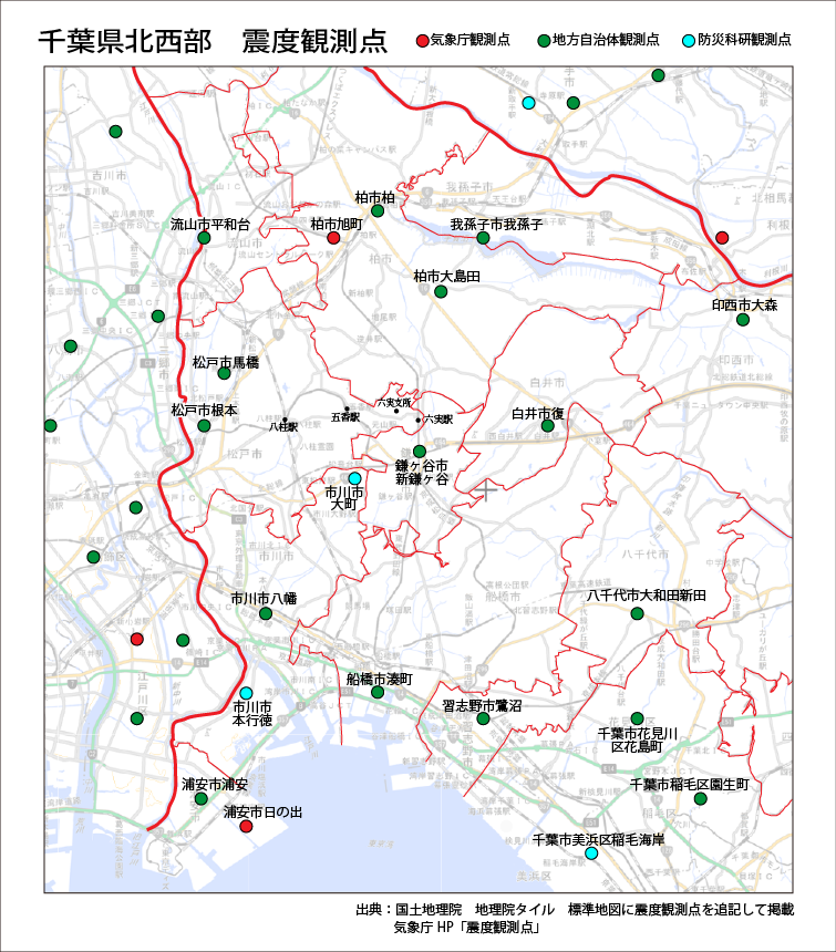 千葉県北西部震度観測点地図